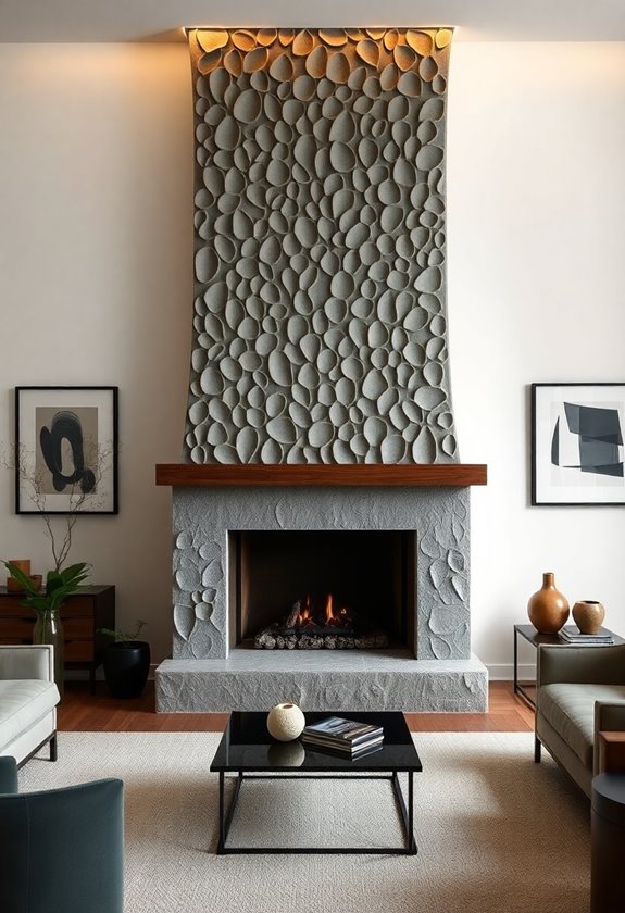 sculptural stone fireplace mantel