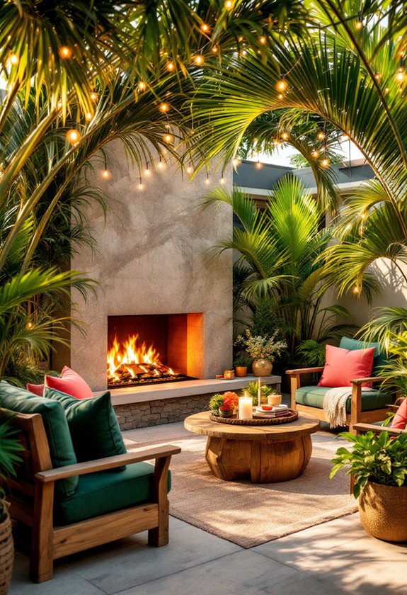 tropical themed fire arrangement