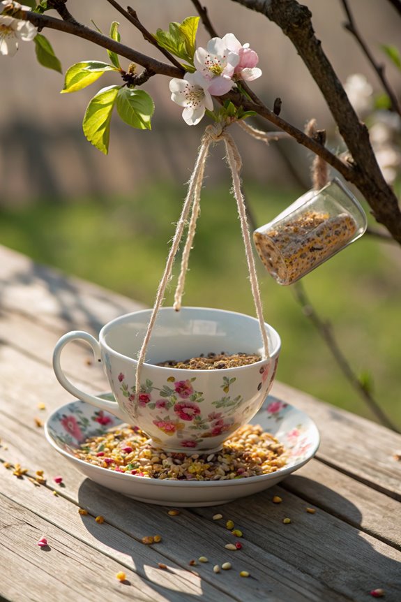 charming antique teacup bird feeder