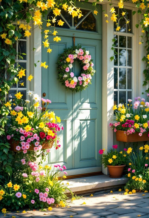 colorful flower filled window boxes