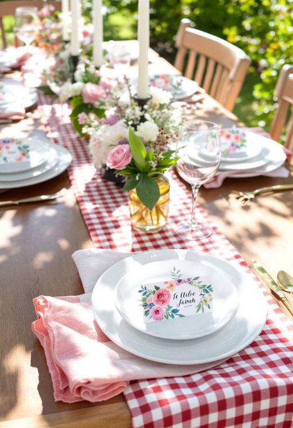 gingham patterned floral place cards