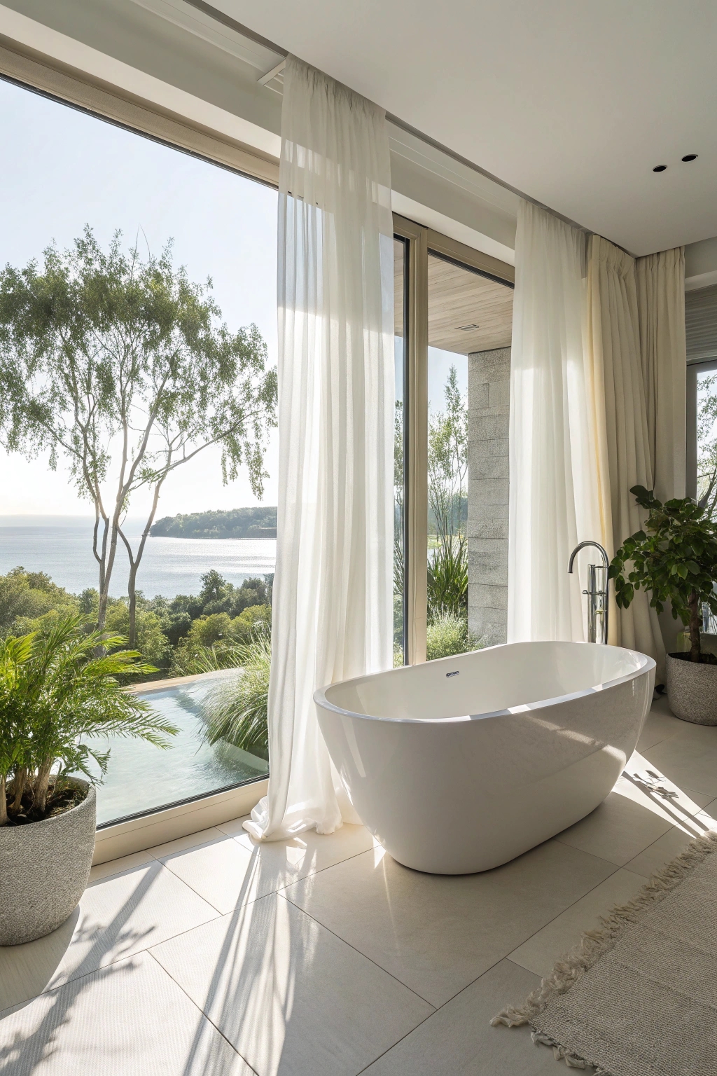 bathtub under large window