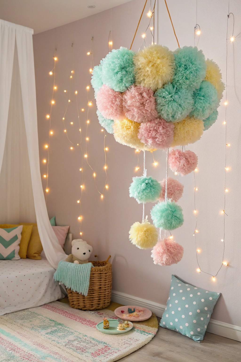 create colorful pom poms chandelier