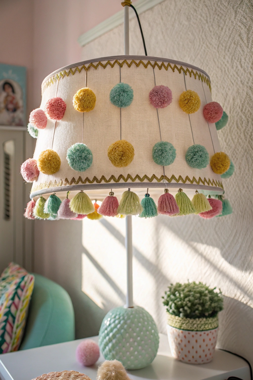 decorate lampshades with pom poms