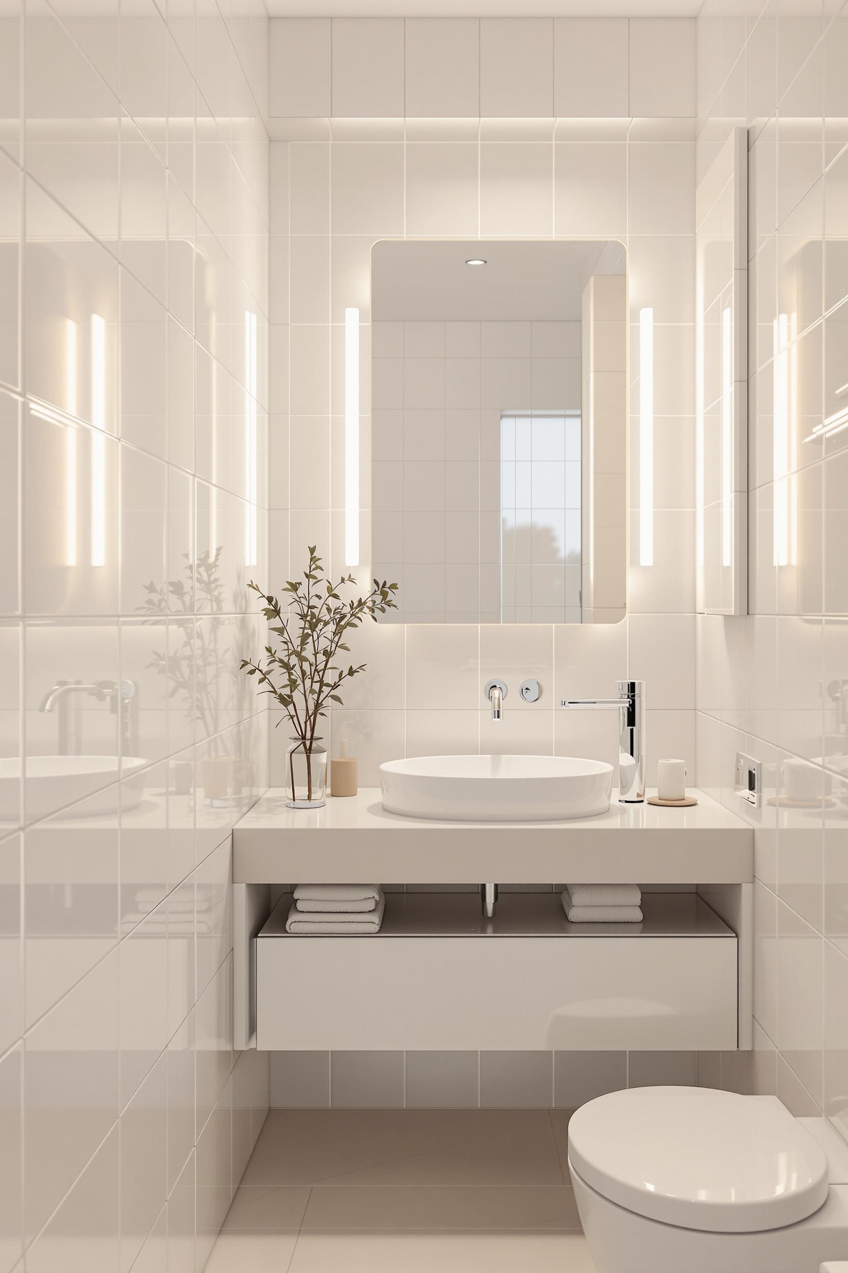 glossy white tiles expand space