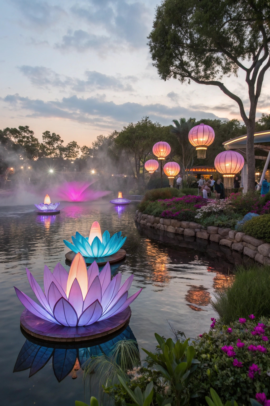 illuminated gardens with lanterns