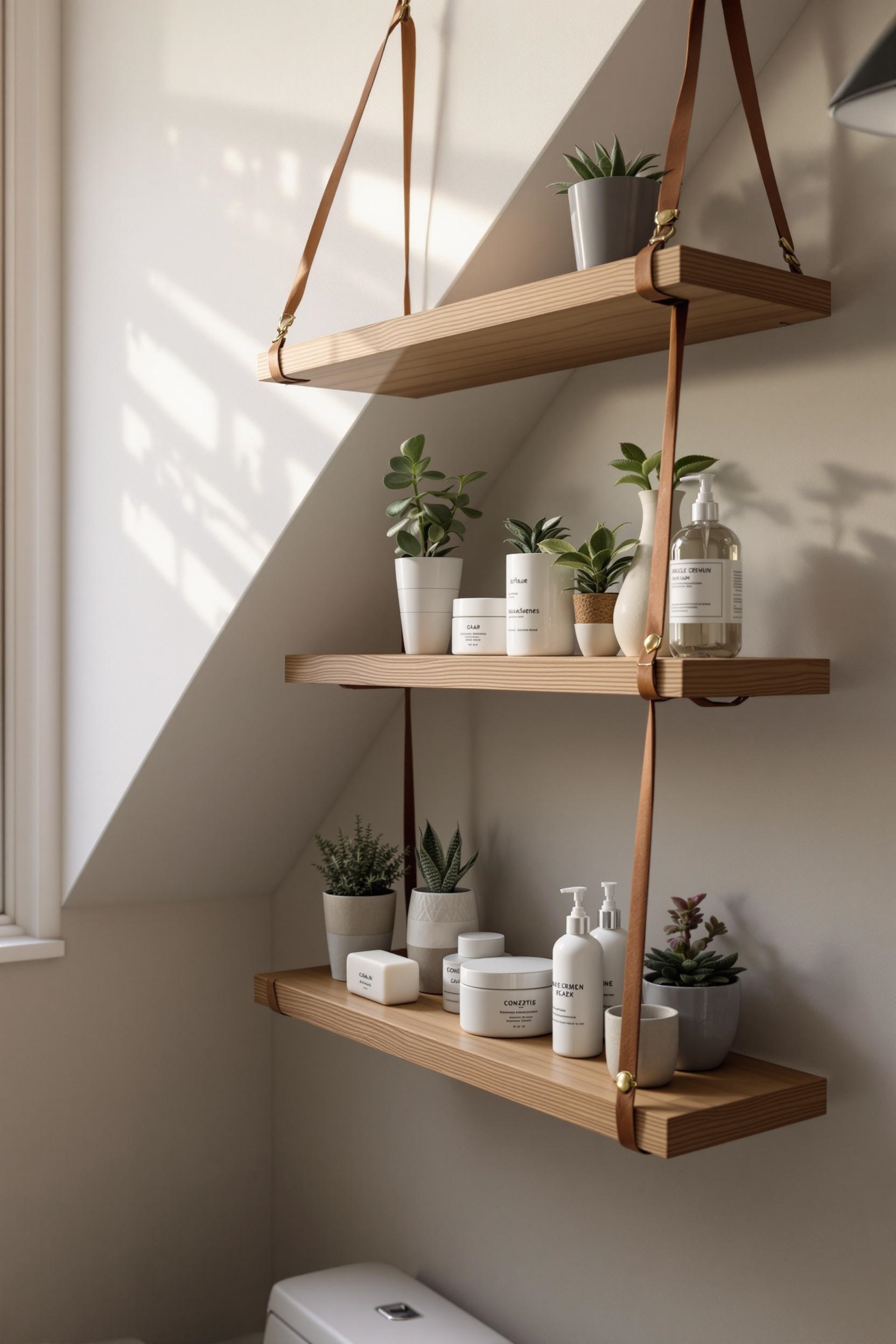 leather strapped hanging shelves