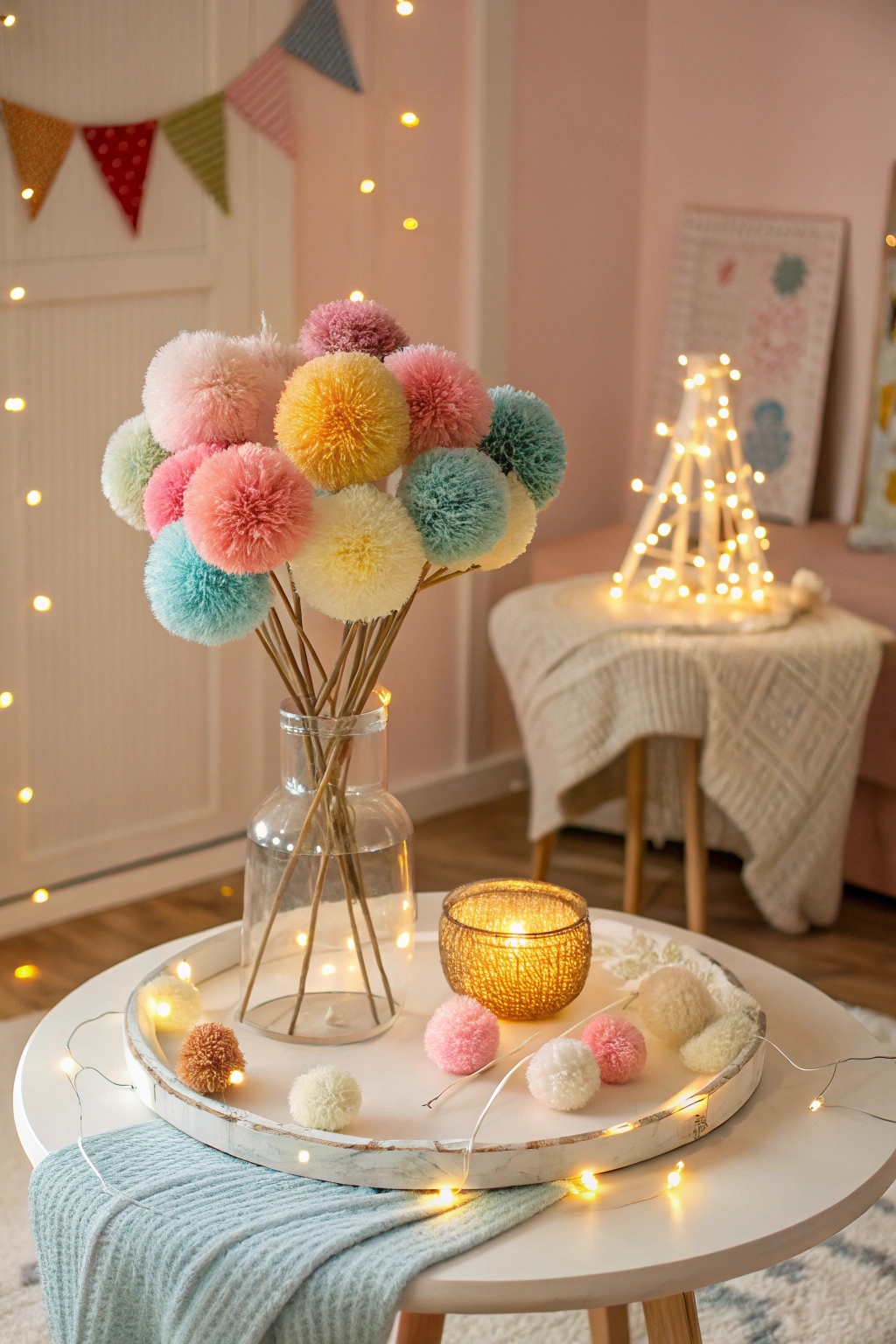 pom poms as centerpiece decorations