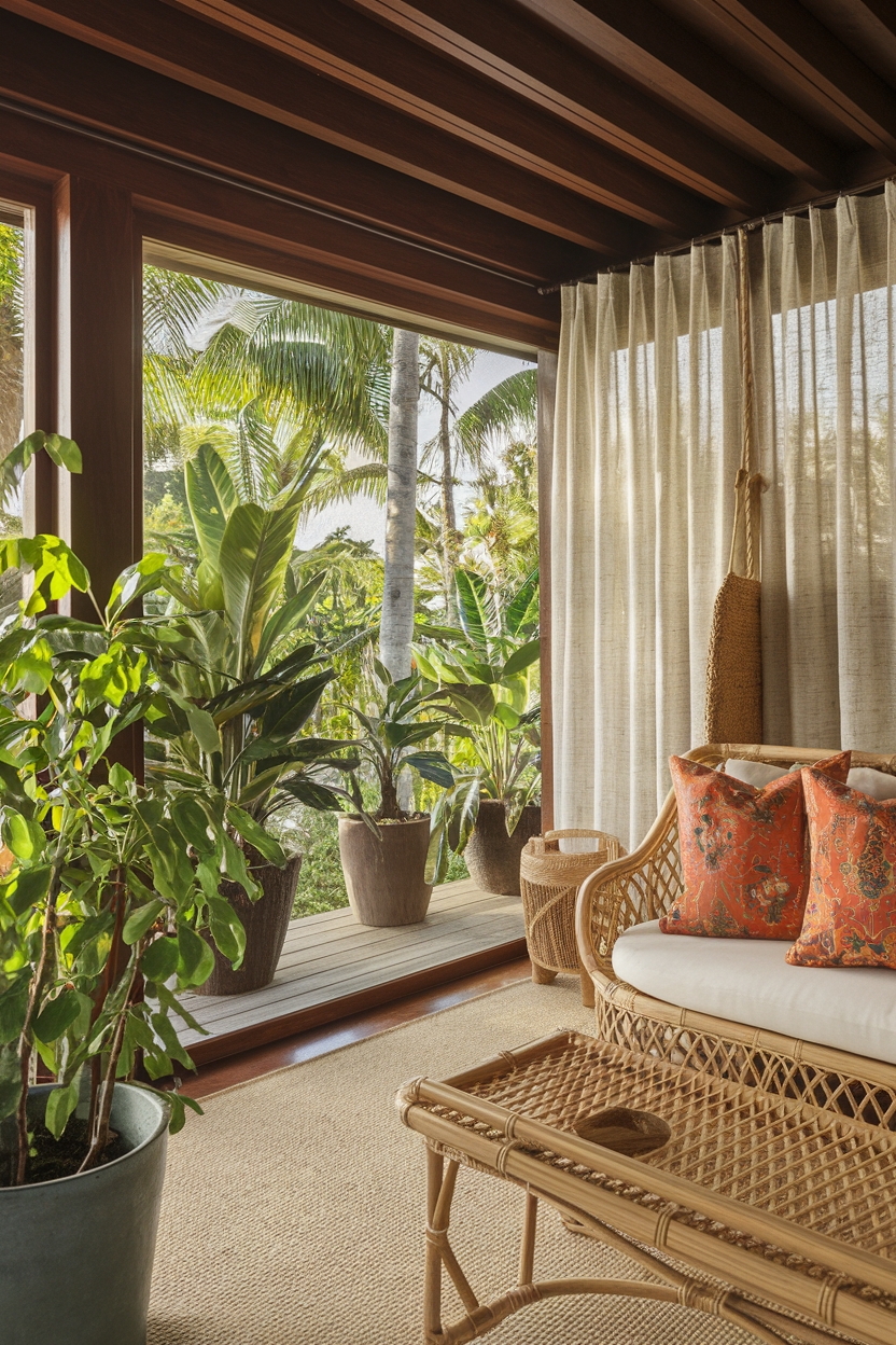 tropical themed sunroom oasis