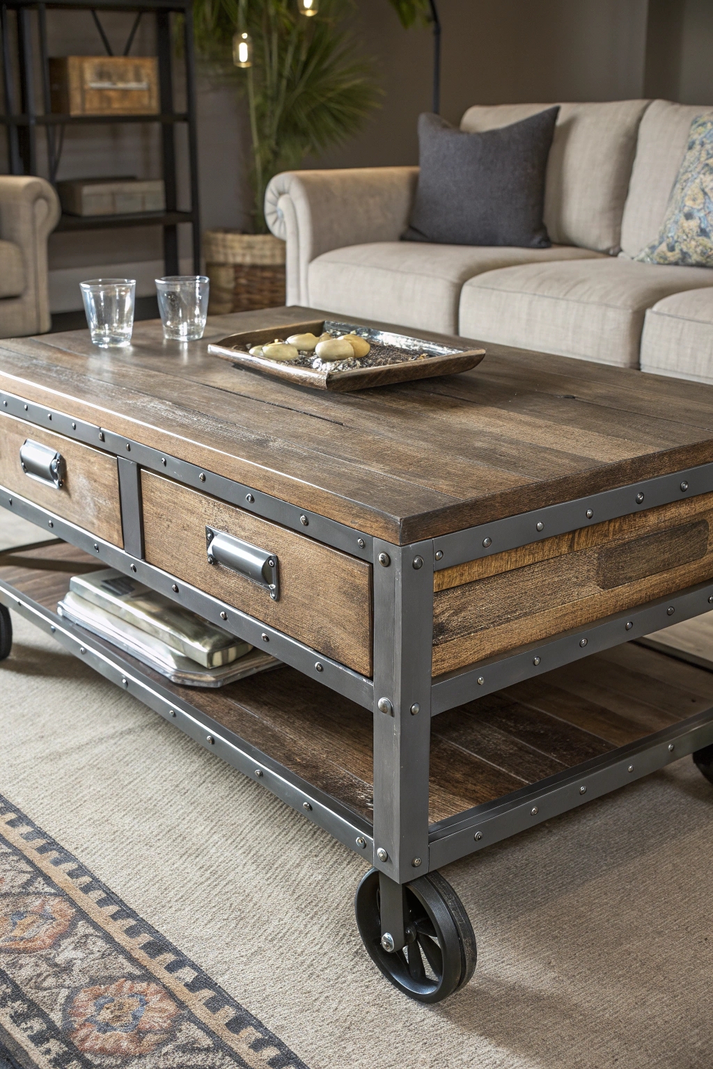 wheeled industrial coffee table