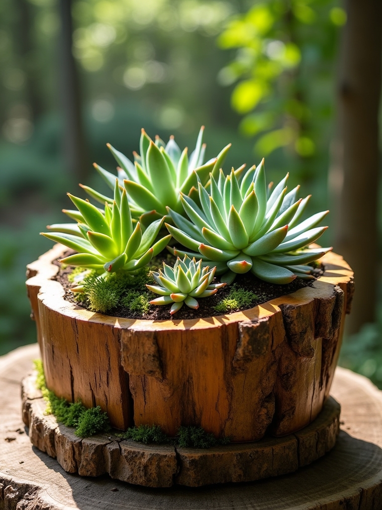 rustic log slice planter