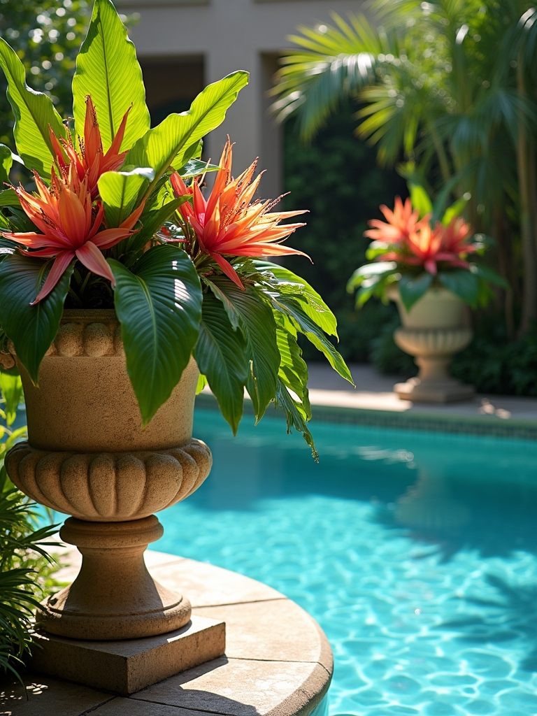 sophisticated poolside stone urns