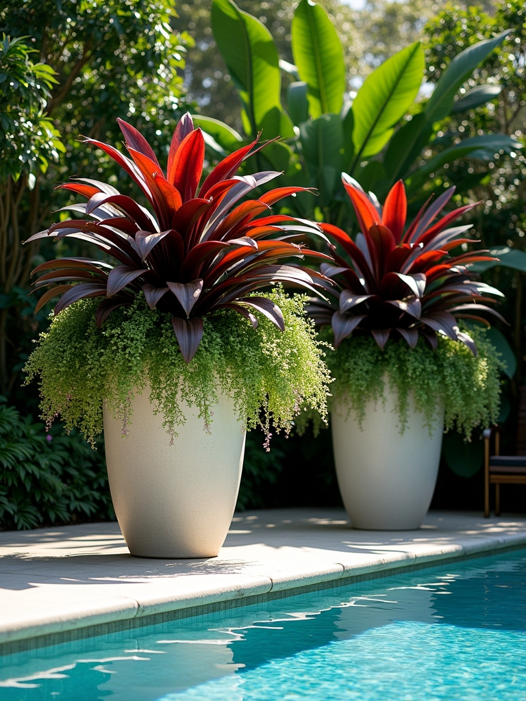 tropical planters enhance poolside