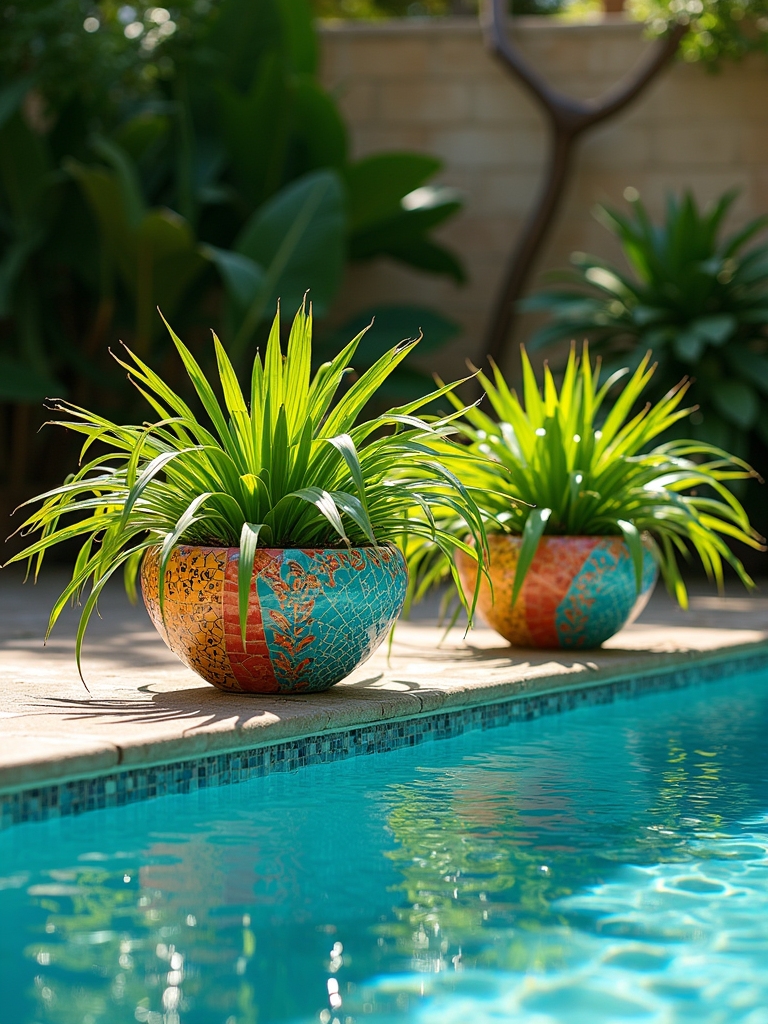 vibrant mosaic pool planters