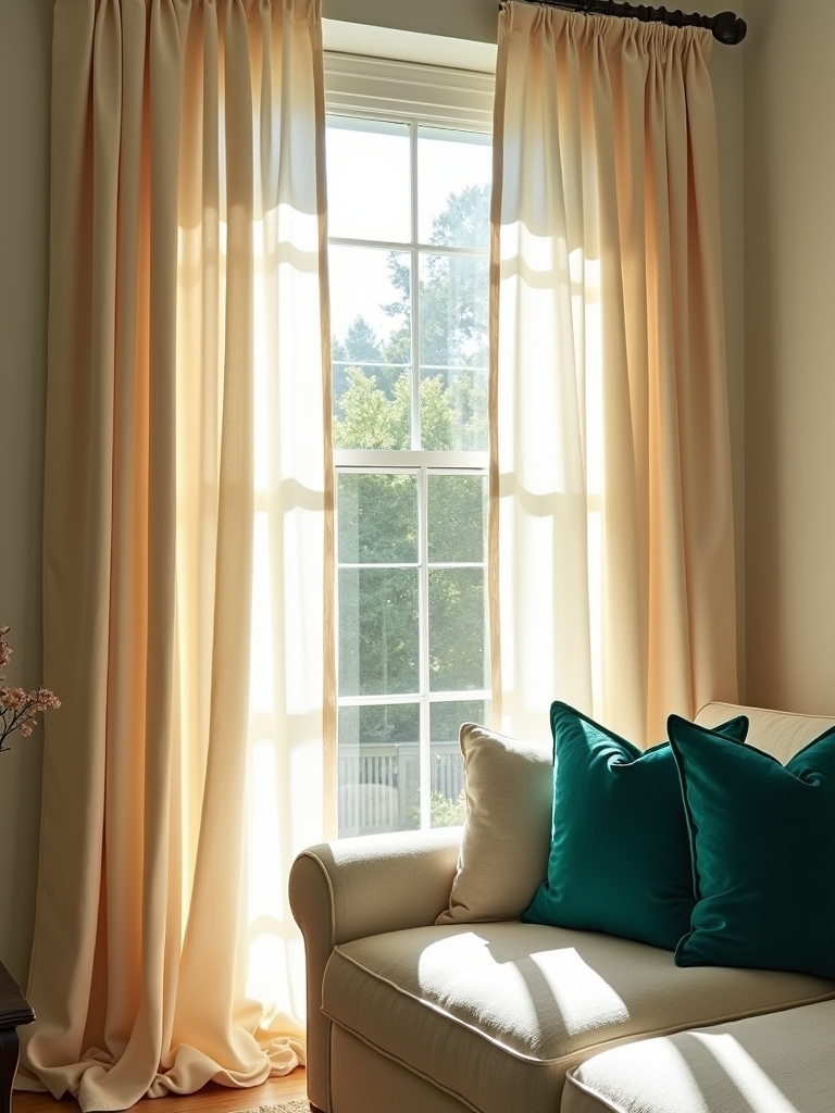 beige curtains soften bold colors