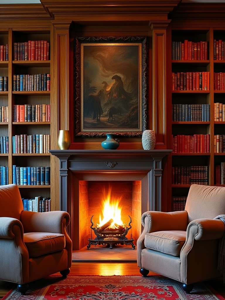 colorful bookshelf fireplace decor