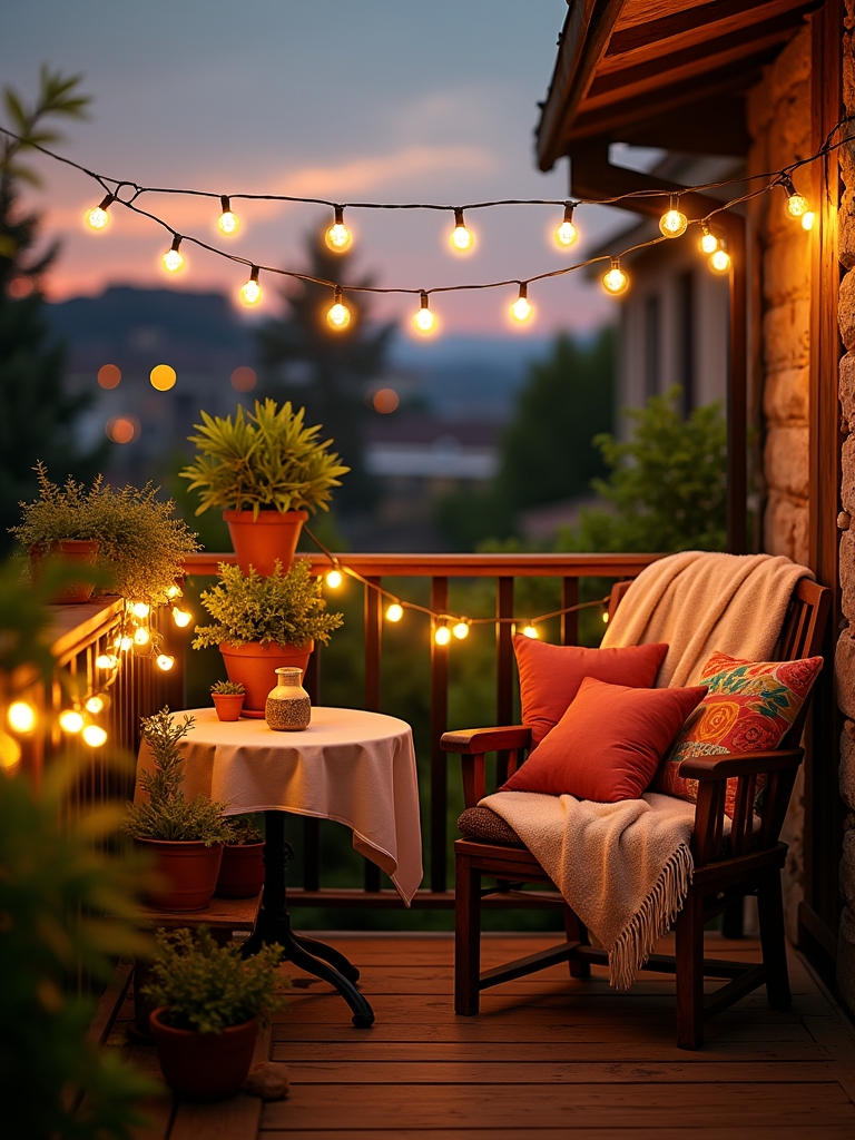 cozy balcony string lights