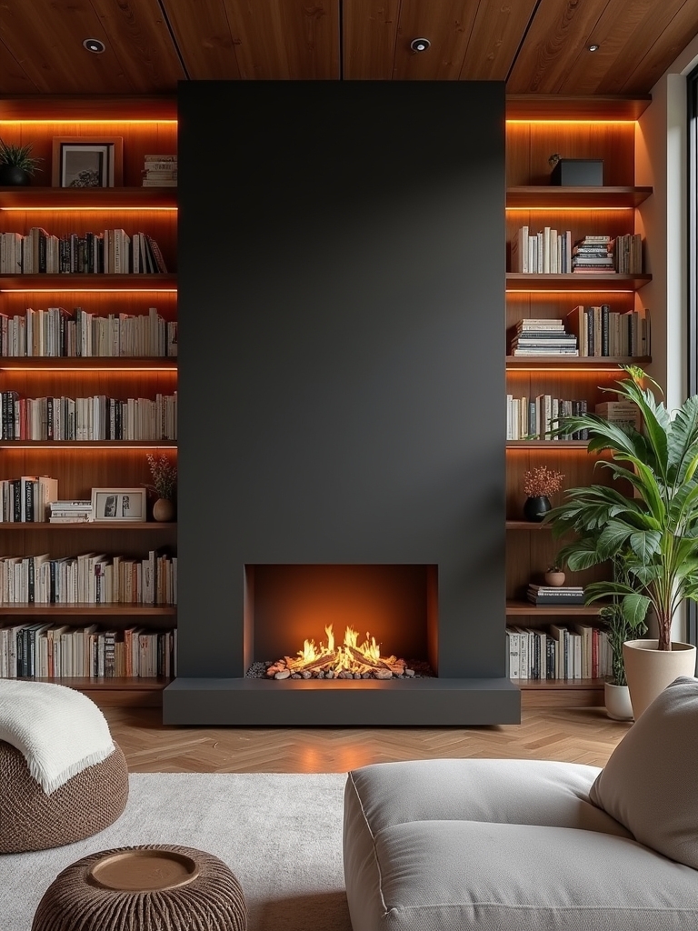 cozy minimalist fireplace bookshelf