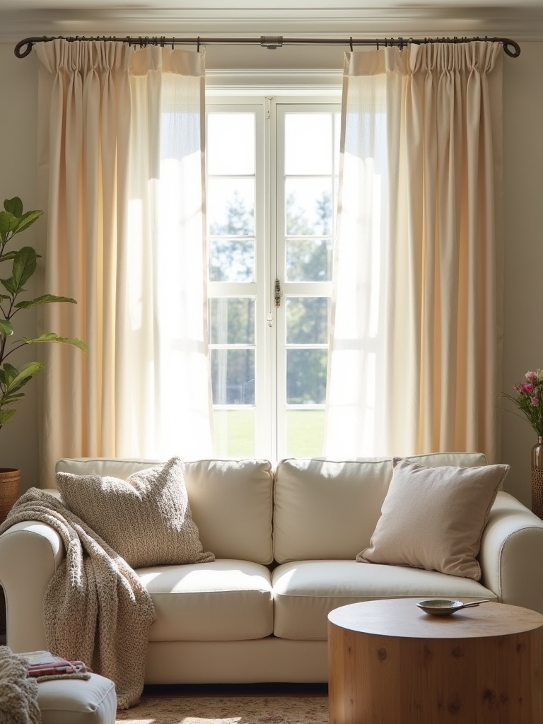 layering textured beige curtains
