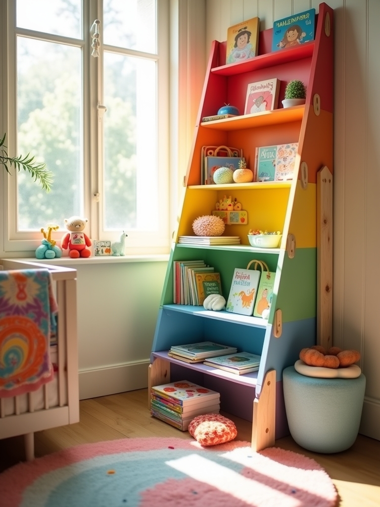 vibrant rainbow book storage