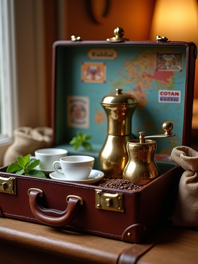 vintage suitcase coffee setup