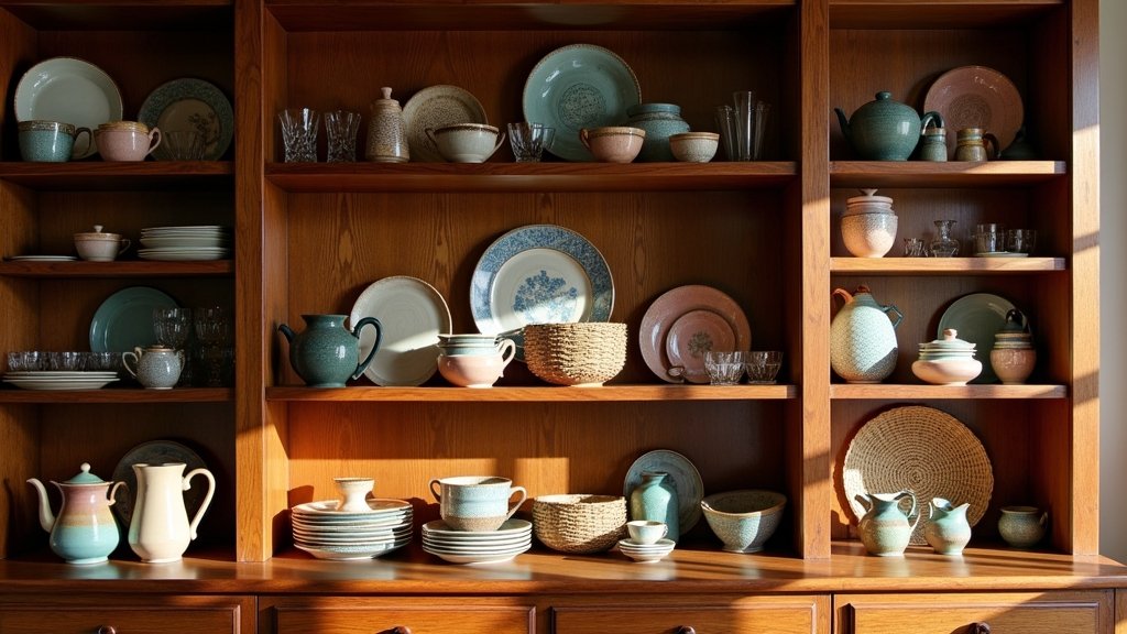 warm wooden crockery display