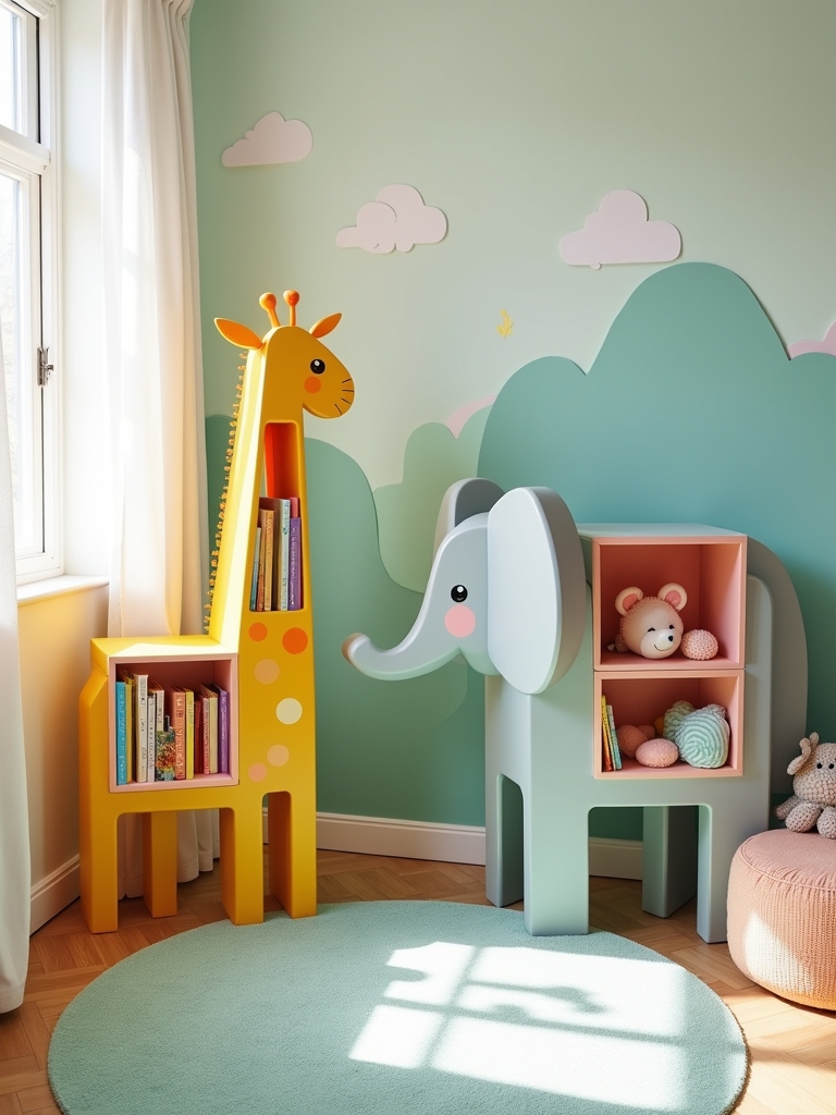whimsical animal themed bookshelves