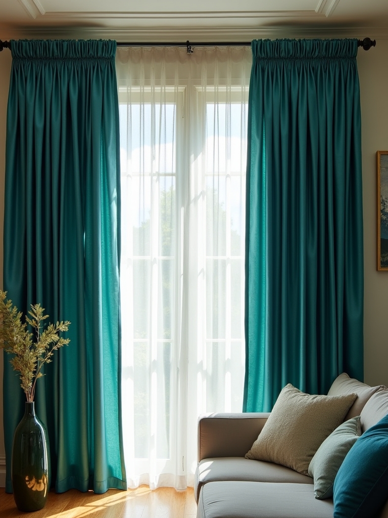 vibrant teal curtain pairings