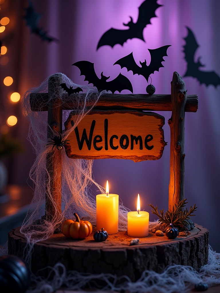 bat themed halloween welcome sign