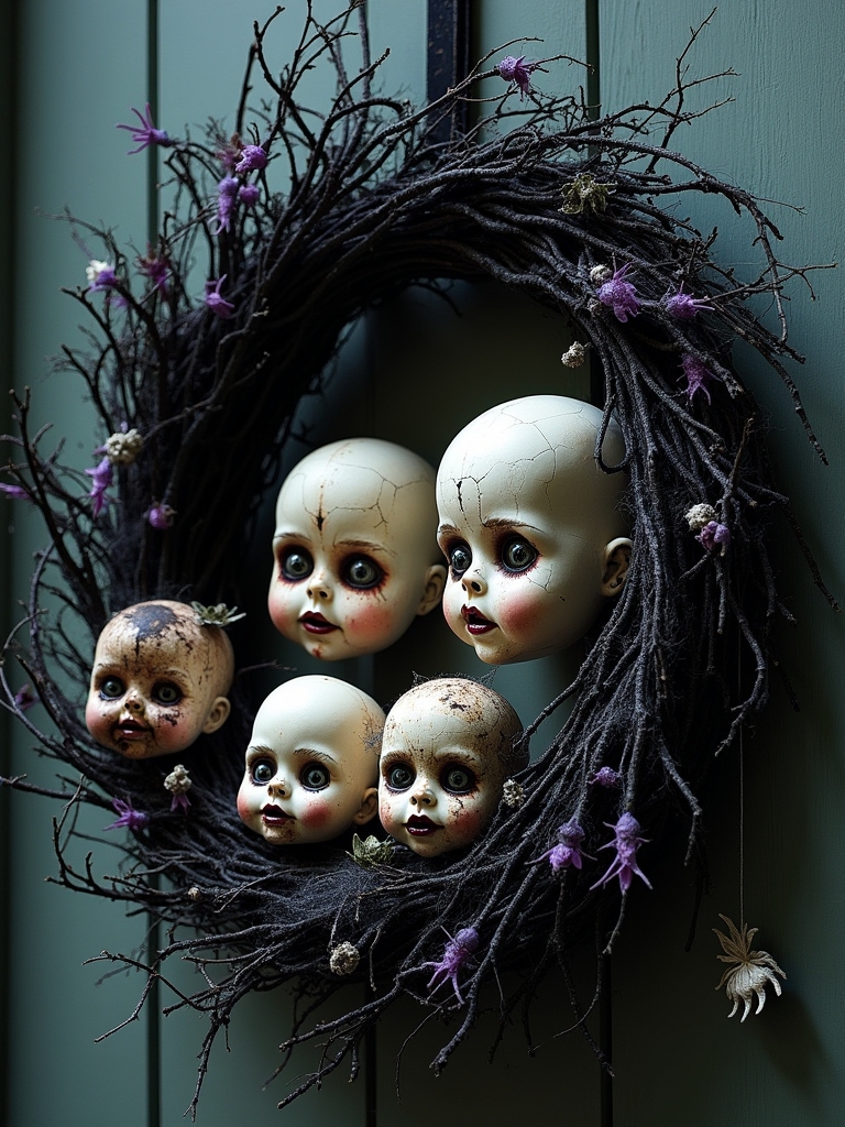 creepy doll head wreath