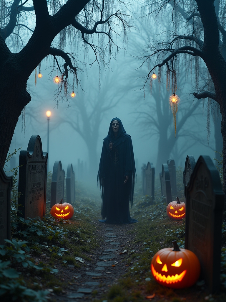 spooky graveyard halloween setup
