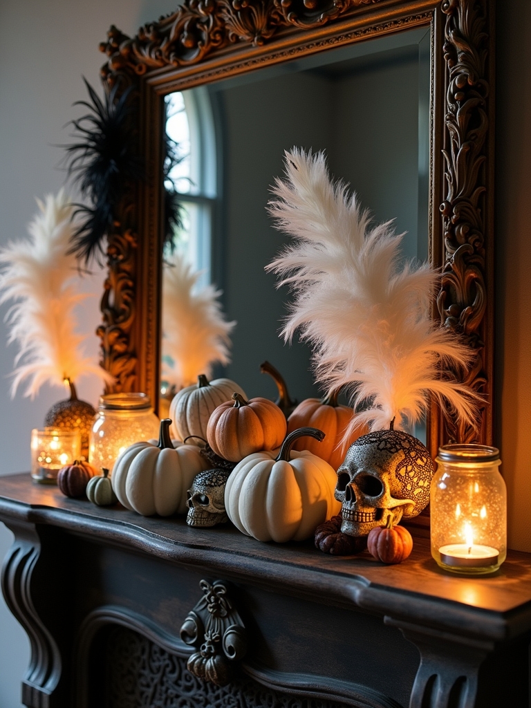 whimsical feather mantel decor