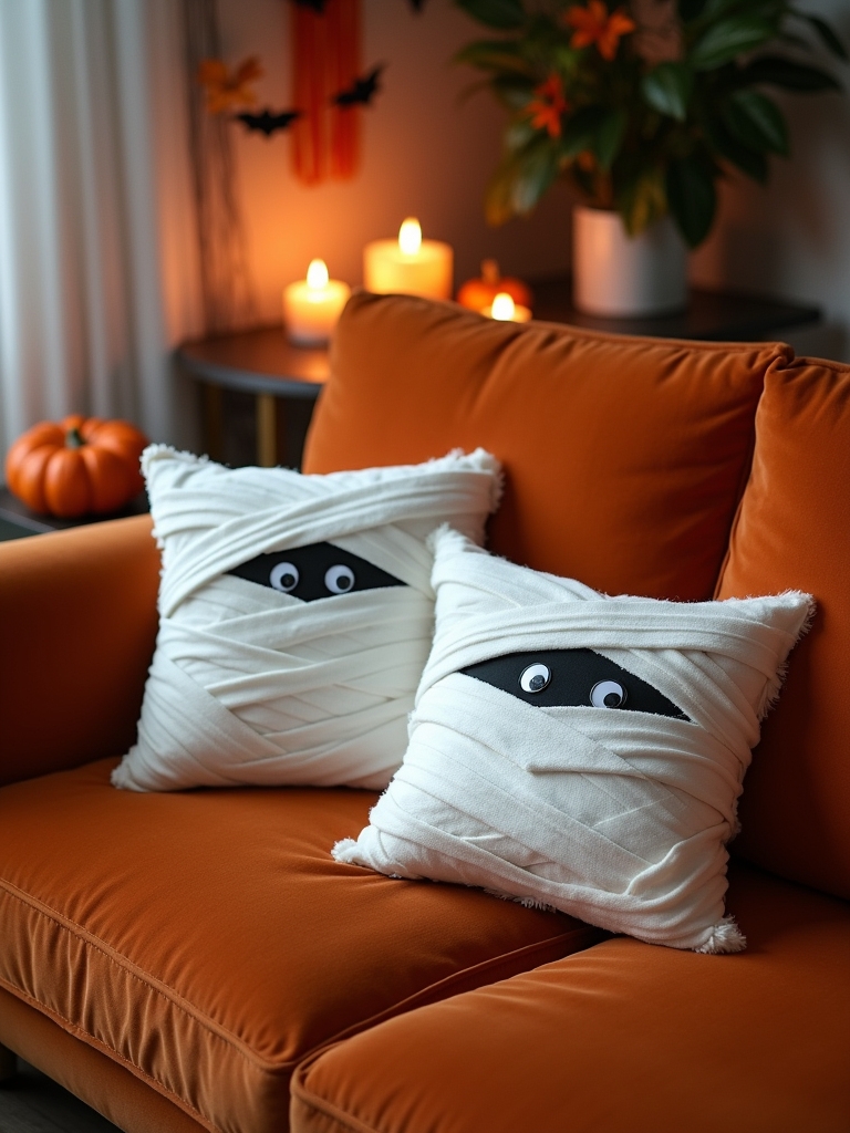 whimsical halloween mummy pillows