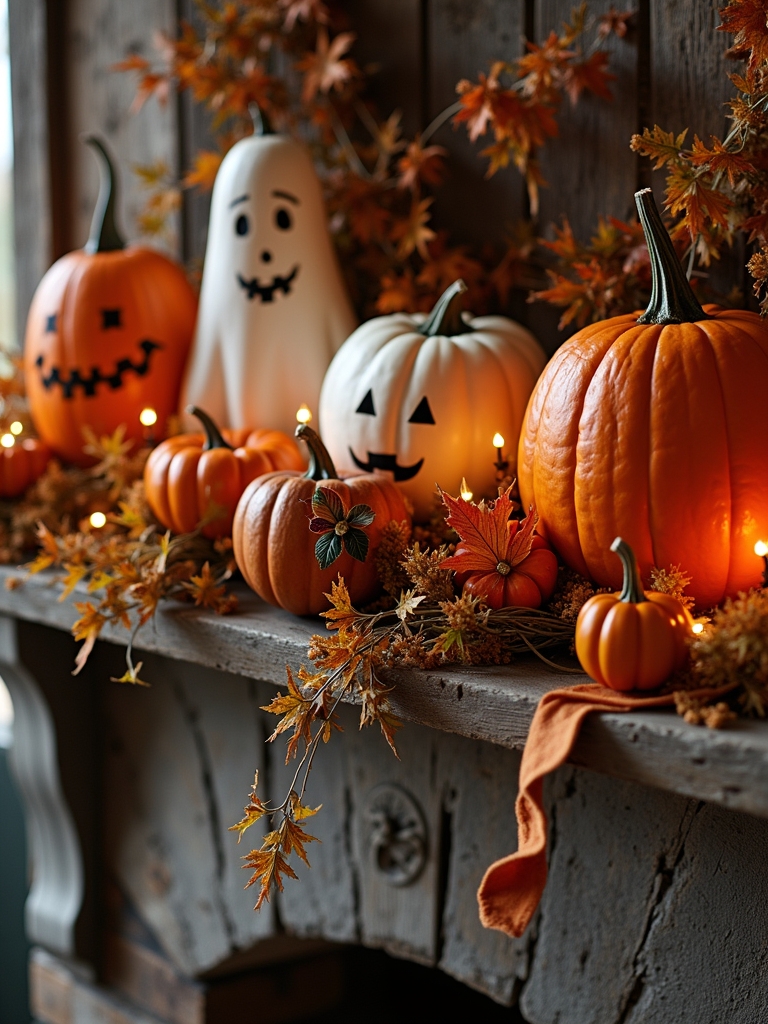 whimsical pumpkin mantel decor