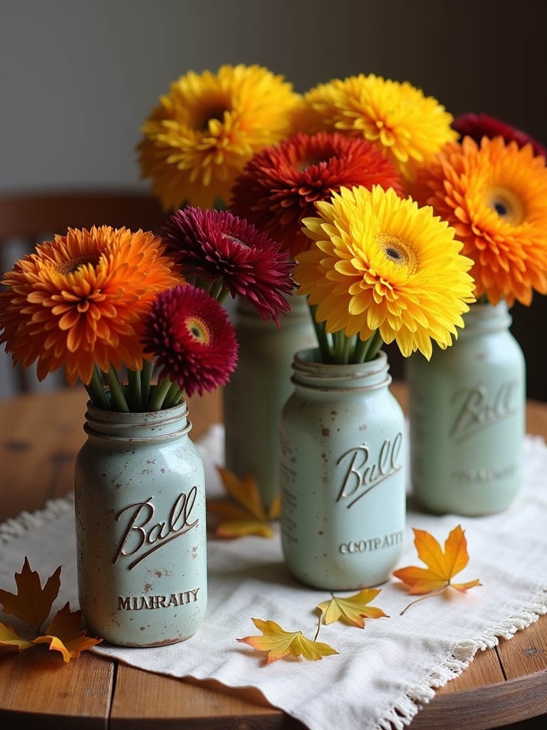 colorful mums in jars