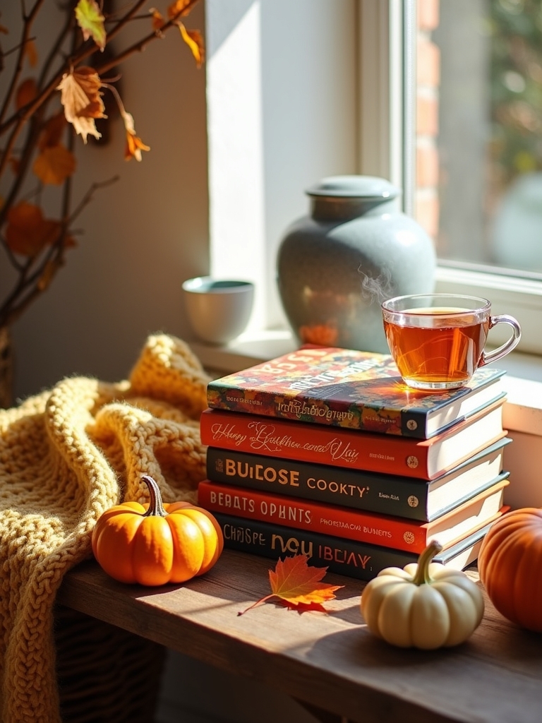 cozy seasonal cookbook display