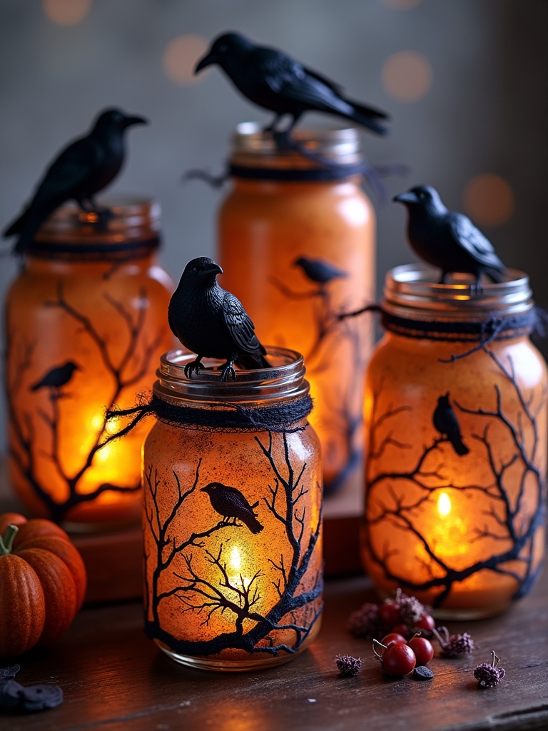 crow decorated halloween glass jars