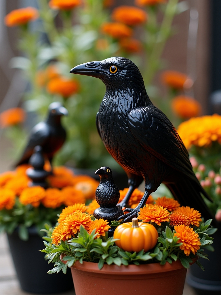 crow themed halloween potted plants