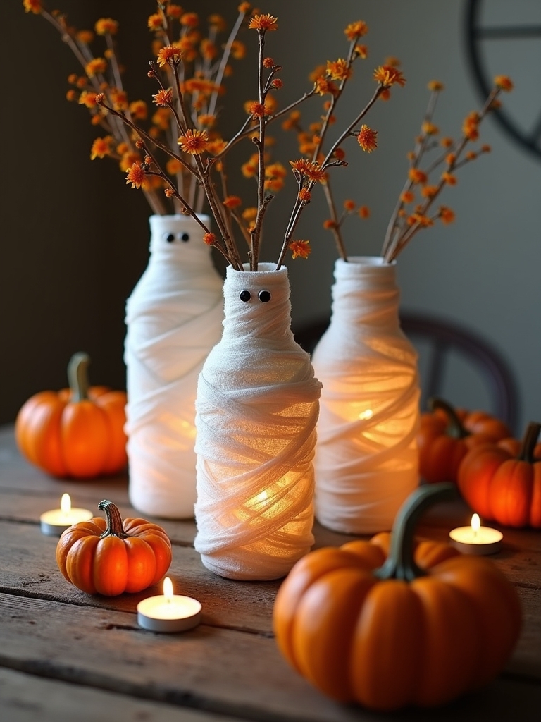 mummy wrapped vase centerpiece creation