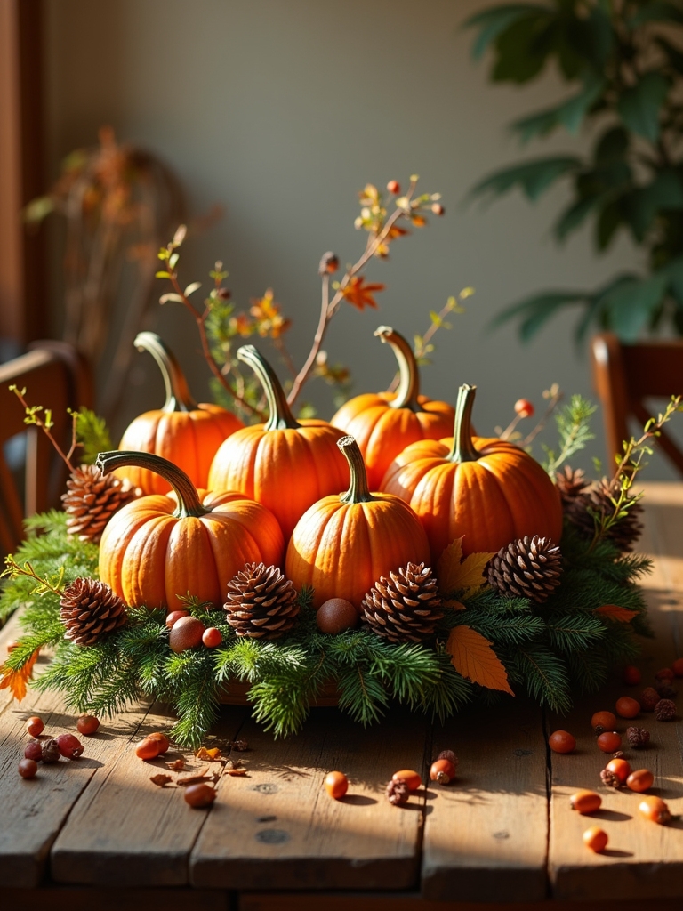 rustic pumpkin pinecone arrangement