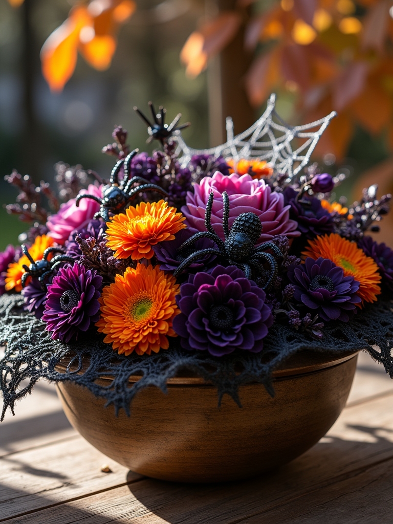spider themed halloween floral arrangement