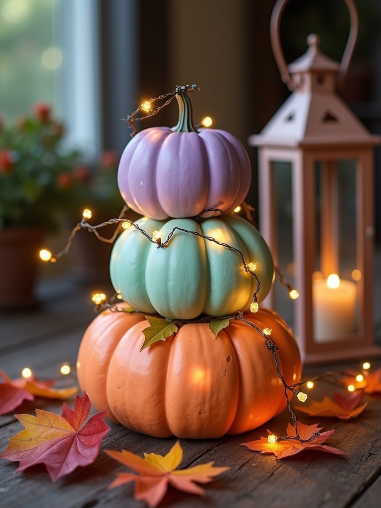 whimsical stacked painted pumpkins