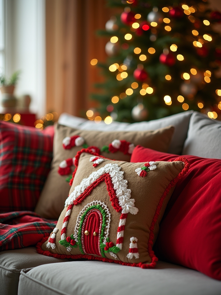 festive gingerbread house cushion