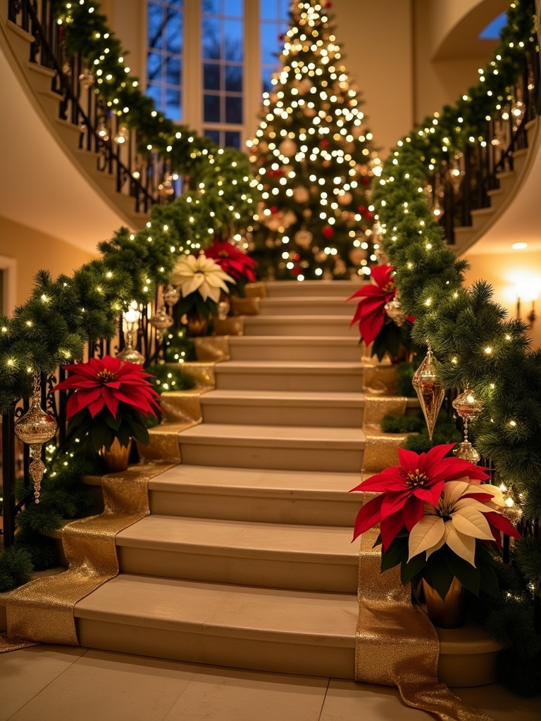 festive poinsettia staircase arrangements