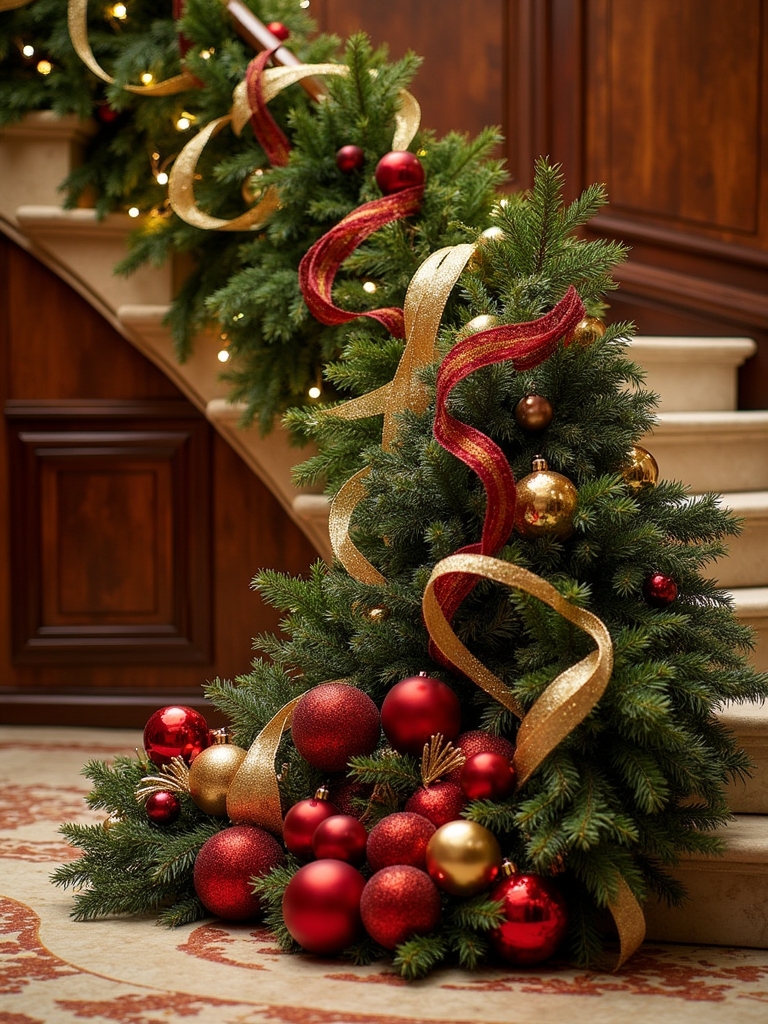 festive ribbon staircase decorations