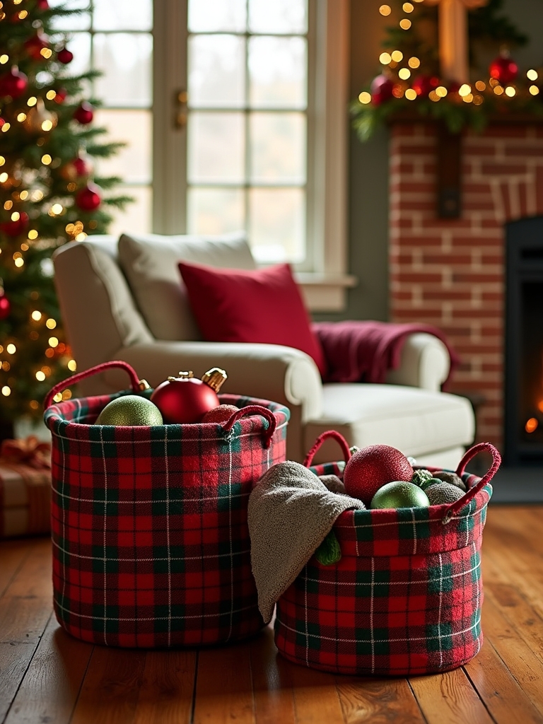 plaid baskets for holiday storage