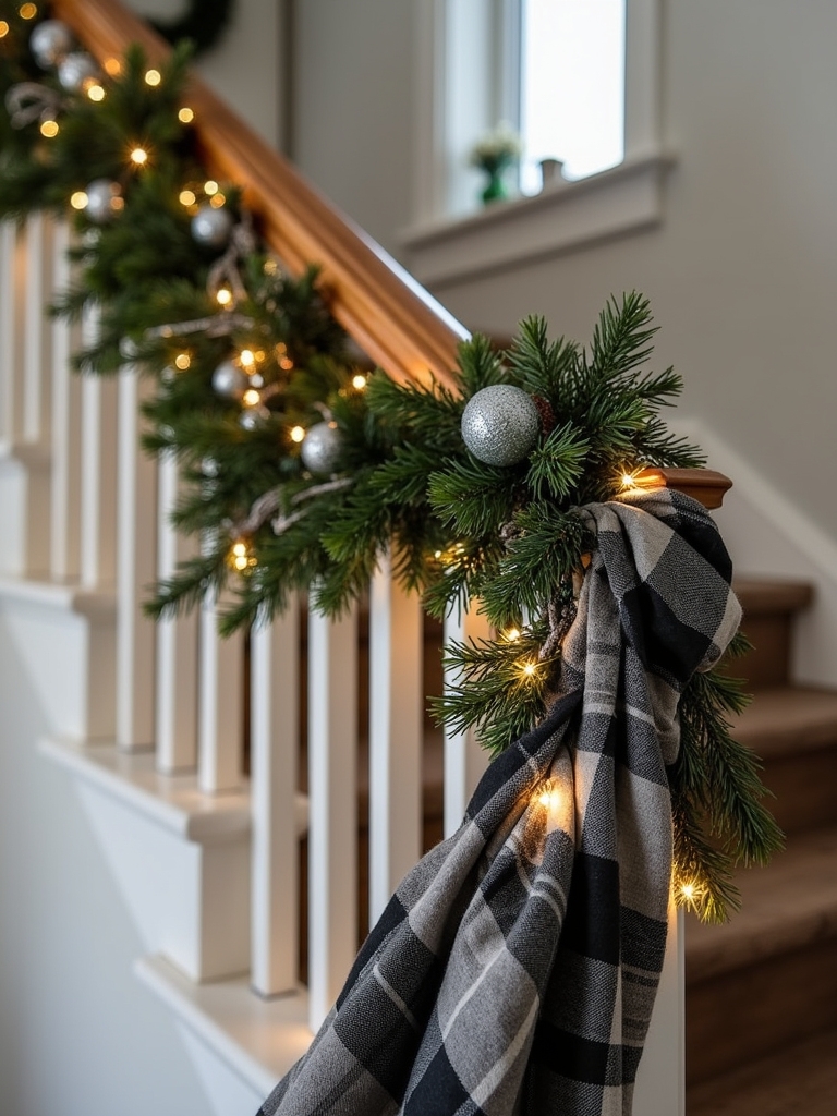 plaid garland staircase decor
