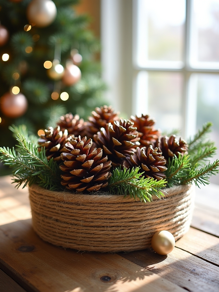 twine wrapped pinecone centerpiece