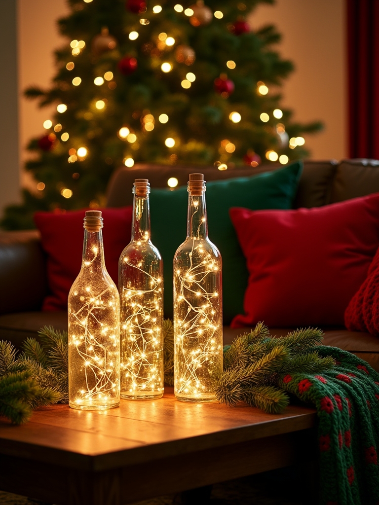 upcycled festive light bottles