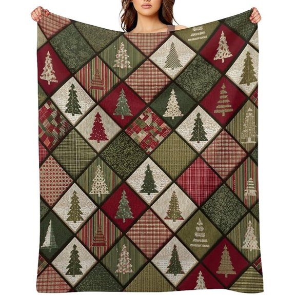 Christmas Flannel Patchwork Tree Throw Blanket